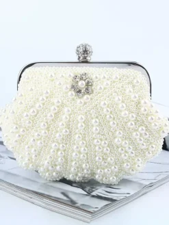 Flapper Dress Handbag 1920s Great Gatsby Accessory Ecru Peals Studded Chains Satin Inner Shoulder Cross Chain Women's Clutch Bags Flapper Handbag