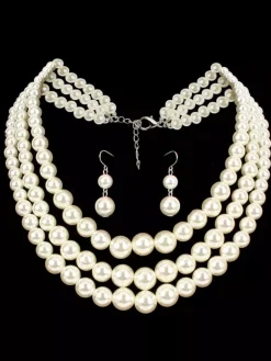 Flapper Dress Accessories White Pearls Earring With Layered Necklace Flapper Girl 1920s Great Gatsby Accessory