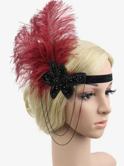 Flapper Headband 1920s Costume The Great Gatsby Feather Headpieces Burgundy Women Vintage Accessories