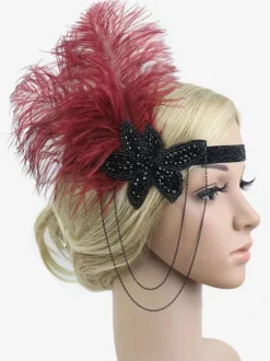 Flapper Headband 1920s Costume The Great Gatsby Feather Headpieces Burgundy Women Vintage Accessories