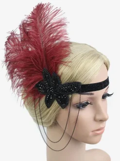Flapper Headband 1920s Costume The Great Gatsby Feather Headpieces Burgundy Women Vintage Accessories
