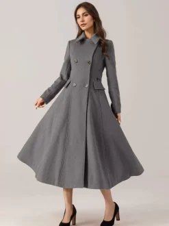 Flared Wool Blend Coat For Woman Red Turndown Collar Double-breasted Elegant 2026 Winter Outerwear