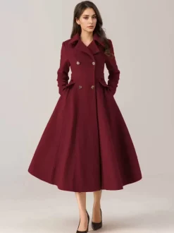 Flared Wool Blend Coat For Woman Red Turndown Collar Double-breasted Elegant 2026 Winter Outerwear