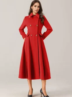 Flared Wool Blend Coat For Woman Red Turndown Collar Double-breasted Elegant 2026 Winter Outerwear