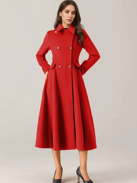 Flared Wool Blend Coat For Woman Red Turndown Collar Double-breasted Elegant 2026 Winter Outerwear
