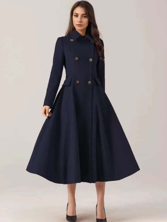 Flared Wool Blend Coat For Woman Red Turndown Collar Double-breasted Elegant 2026 Winter Outerwear