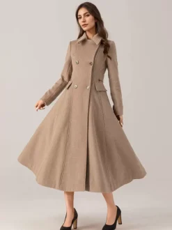 Flared Wool Blend Coat For Woman Red Turndown Collar Double-breasted Elegant 2026 Winter Outerwear