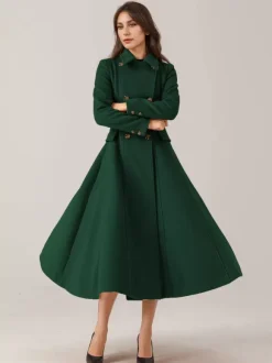 Flared Wool Blend Coat For Woman Red Turndown Collar Double-breasted Elegant 2026 Winter Outerwear