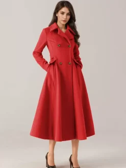 Flared Wool Blend Coat For Woman Red Turndown Collar Double-breasted Elegant 2026 Winter Outerwear