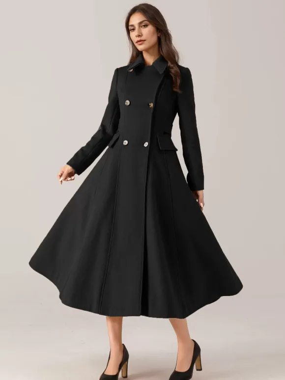 Flared Wool Blend Coat For Woman Red Turndown Collar Double-breasted Elegant 2026 Winter Outerwear