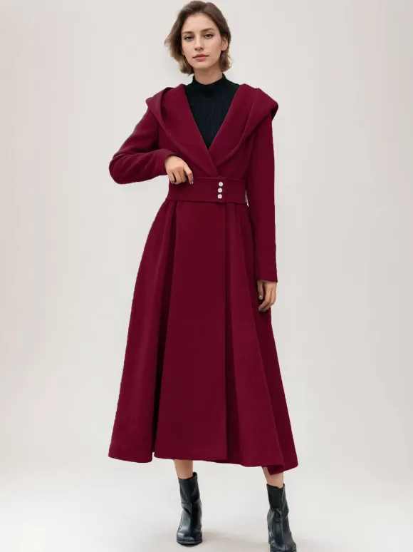 Flared Woolen Coat For Woman Hooded Gray Belted A-line Winter Long Outerwear 2026