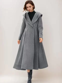 Flared Woolen Coat For Woman Hooded Gray Belted A-line Winter Long Outerwear 2026