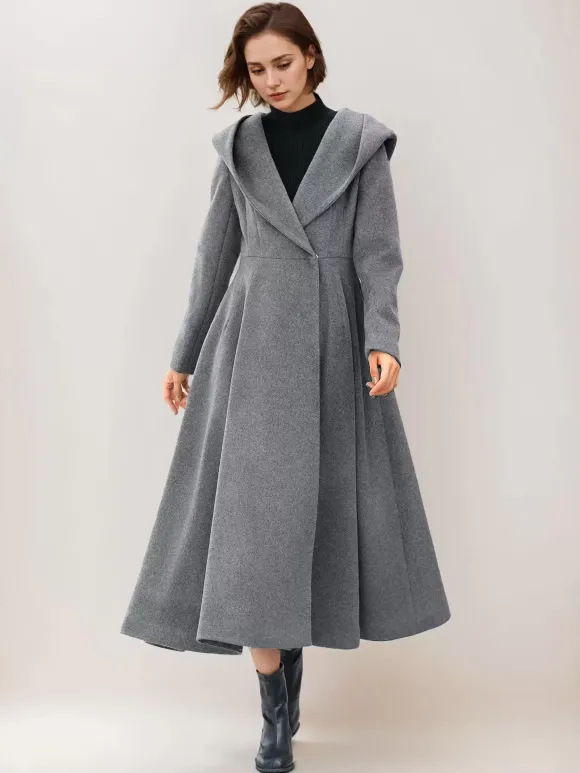 Flared Woolen Coat For Woman Hooded Gray Belted A-line Winter Long Outerwear 2026