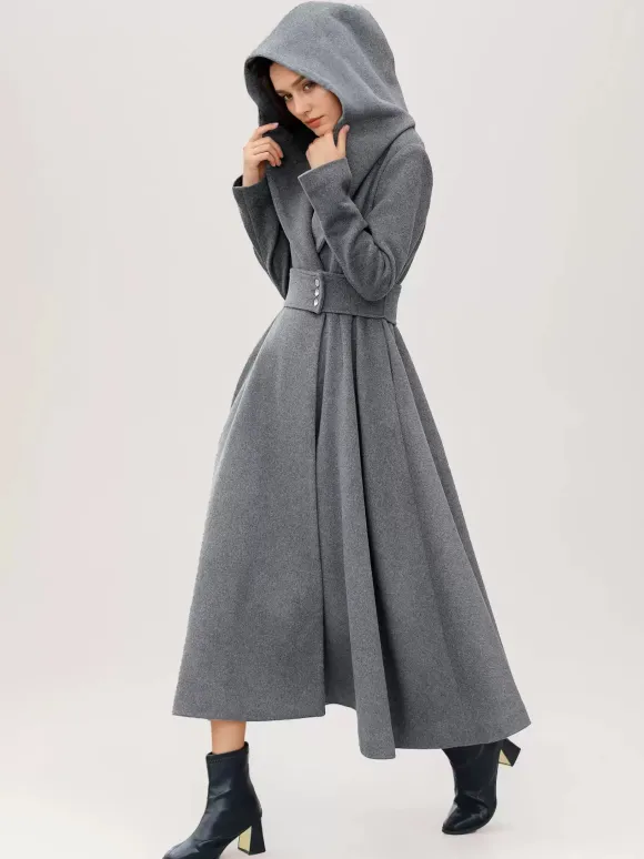 Flared Woolen Coat For Woman Hooded Gray Belted A-line Winter Long Outerwear 2026
