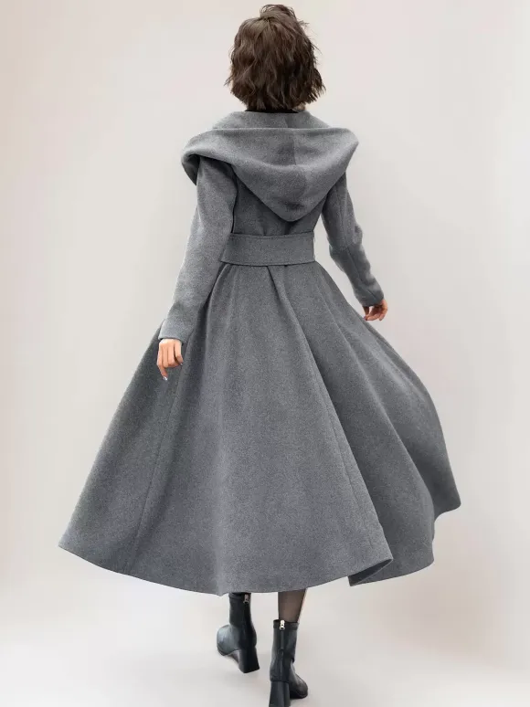 Flared Woolen Coat For Woman Hooded Gray Belted A-line Winter Long Outerwear 2026