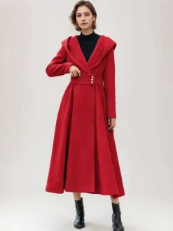 Flared Woolen Coat For Woman Hooded Gray Belted A-line Winter Long Outerwear 2026