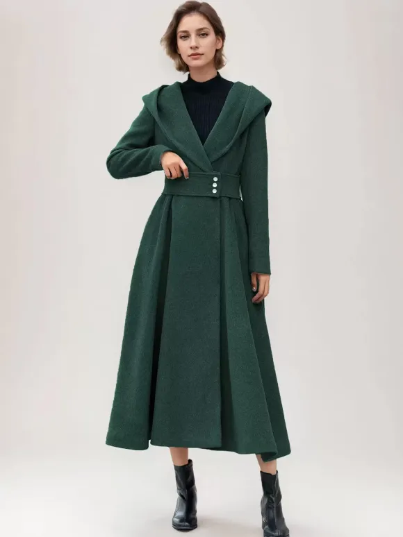 Flared Woolen Coat For Woman Hooded Gray Belted A-line Winter Long Outerwear 2026