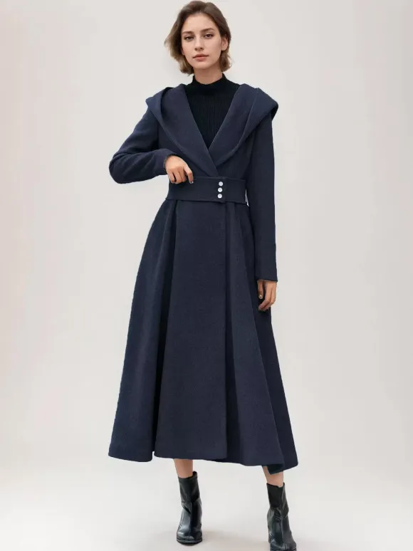 Flared Woolen Coat For Woman Hooded Gray Belted A-line Winter Long Outerwear 2026
