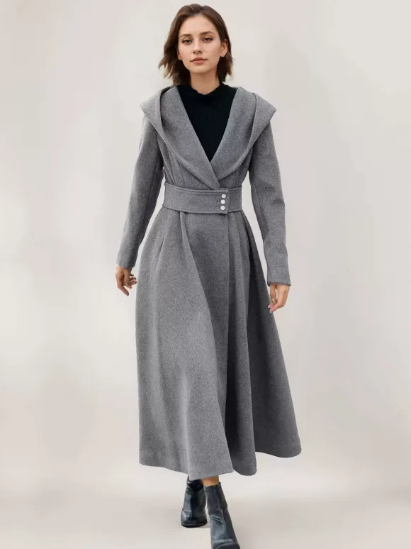 Flared Woolen Coat For Woman Hooded Gray Belted A-line Winter Long Outerwear 2026