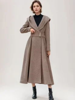 Flared Woolen Coat For Woman Hooded Gray Belted A-line Winter Long Outerwear 2026