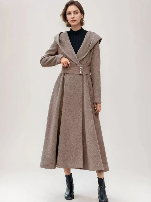 Flared Woolen Coat For Woman Hooded Gray Belted A-line Winter Long Outerwear 2026