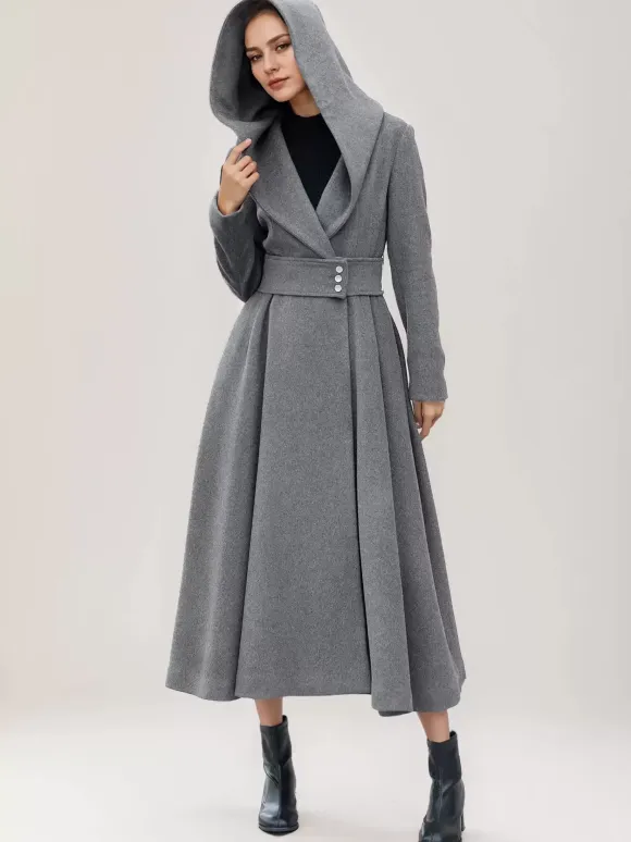 Flared Woolen Coat For Woman Hooded Gray Belted A-line Winter Long Outerwear 2026