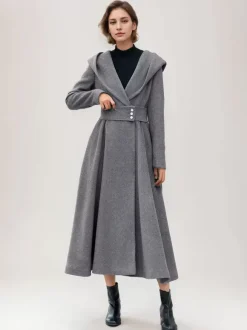 Flared Woolen Coat For Woman Hooded Gray Belted A-line Winter Long Outerwear 2026