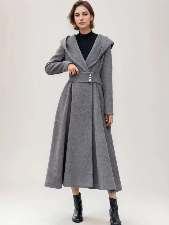 Flared Woolen Coat For Woman Hooded Gray Belted A-line Winter Long Outerwear 2026