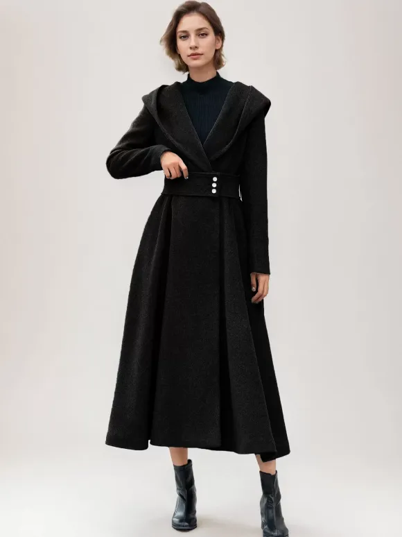 Flared Woolen Coat For Woman Hooded Gray Belted A-line Winter Long Outerwear 2026