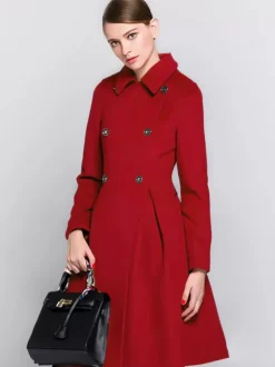 Flared Woolen Coat In Burgundy Double-Breasted Turndown Collar A-line Winter Midi Outerwear For Women 2026