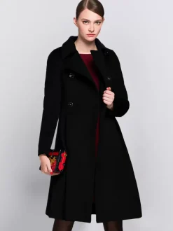 Flared Woolen Coat In Burgundy Double-Breasted Turndown Collar A-line Winter Midi Outerwear For Women 2026