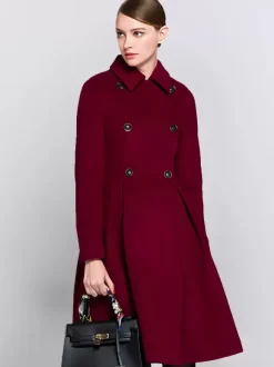 Flared Woolen Coat In Burgundy Double-Breasted Turndown Collar A-line Winter Midi Outerwear For Women 2026