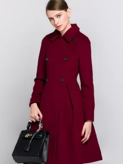 Flared Woolen Coat In Burgundy Double-Breasted Turndown Collar A-line Winter Midi Outerwear For Women 2026