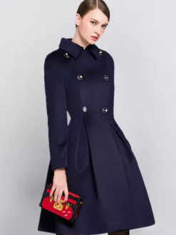 Flared Woolen Coat In Burgundy Double-Breasted Turndown Collar A-line Winter Midi Outerwear For Women 2026