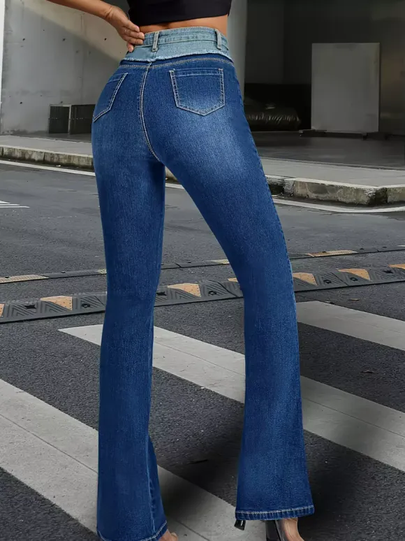 Flare Jeans For Women Two-Tone Y2K Style Blue Flared Denim Pants 2026