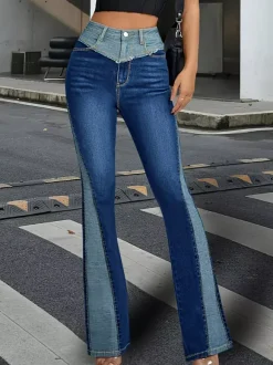 Flare Jeans For Women Two-Tone Y2K Style Blue Flared Denim Pants 2026