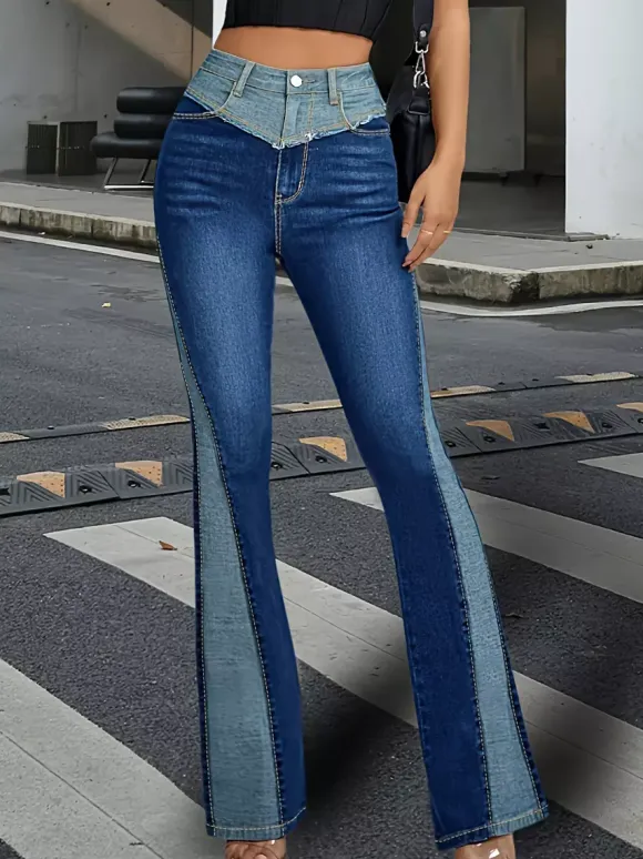 Flare Jeans For Women Two-Tone Y2K Style Blue Flared Denim Pants 2026