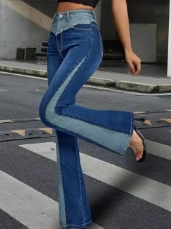 Flare Jeans For Women Two-Tone Y2K Style Blue Flared Denim Pants 2026