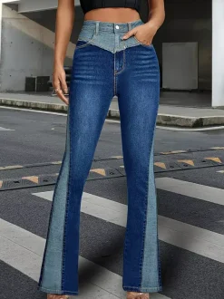 Flare Jeans For Women Two-Tone Y2K Style Blue Flared Denim Pants 2026