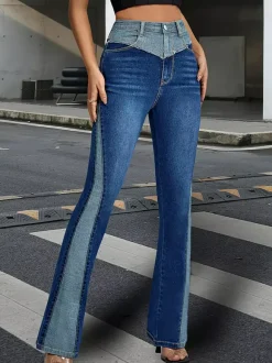 Flare Jeans For Women Two-Tone Y2K Style Blue Flared Denim Pants 2026