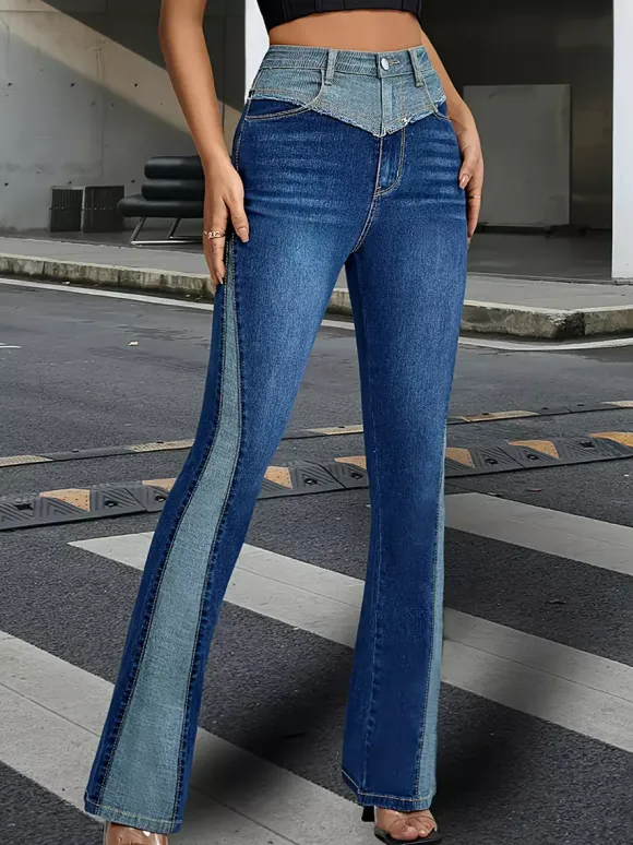Flare Jeans For Women Two-Tone Y2K Style Blue Flared Denim Pants 2026