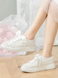 Flat Wedding Shoes Ivory Flower Detail Round Toe Bridal Shoes