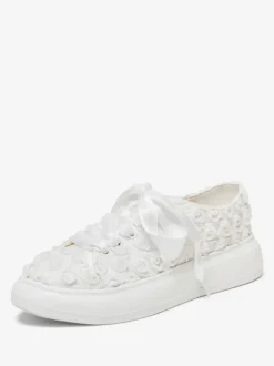 Flat Wedding Shoes Ivory Flower Detail Round Toe Bridal Shoes