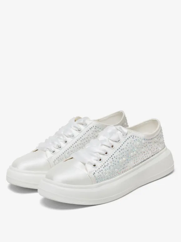 Flat Bridal Shoes Round Toe Lace Up Rhinestones Wedding Shoes