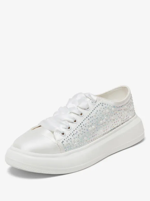 Flat Bridal Shoes Round Toe Lace Up Rhinestones Wedding Shoes