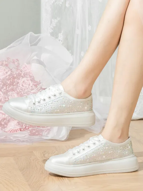 Flat Bridal Shoes Round Toe Lace Up Rhinestones Wedding Shoes