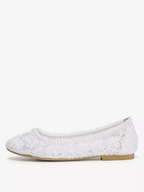 Flat Bridal Shoes Round Toe Pearls Lace Vintage Wedding Shoes