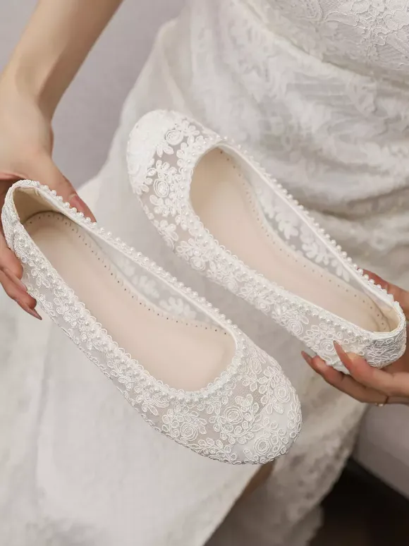 Flat Bridal Shoes Round Toe Pearls Lace Vintage Wedding Shoes