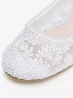 Flat Bridal Shoes Round Toe Pearls Lace Vintage Wedding Shoes