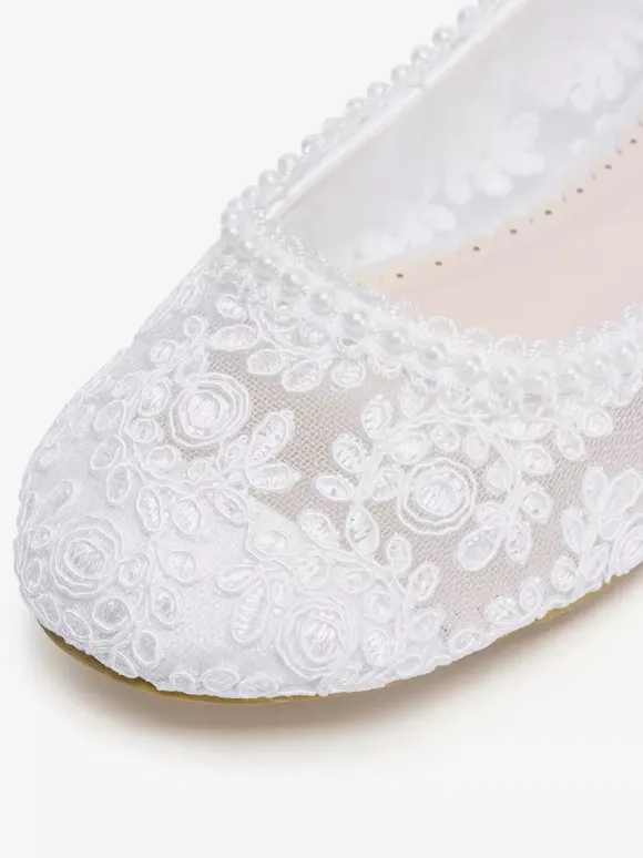 Flat Bridal Shoes Round Toe Pearls Lace Vintage Wedding Shoes